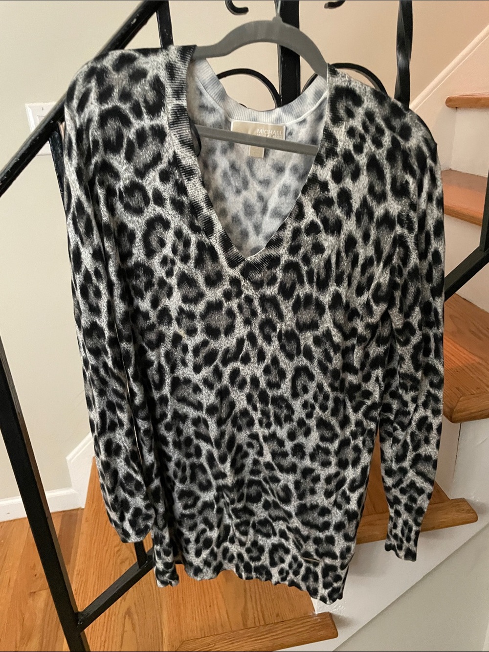 Michael Kors Black and Gray Leopard Print V-Neck Sweater